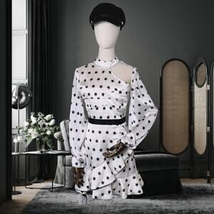 ⭐ Self-Portrait White Star Print Satin Dress | Asymmetric One-Sleeve Frill Mini